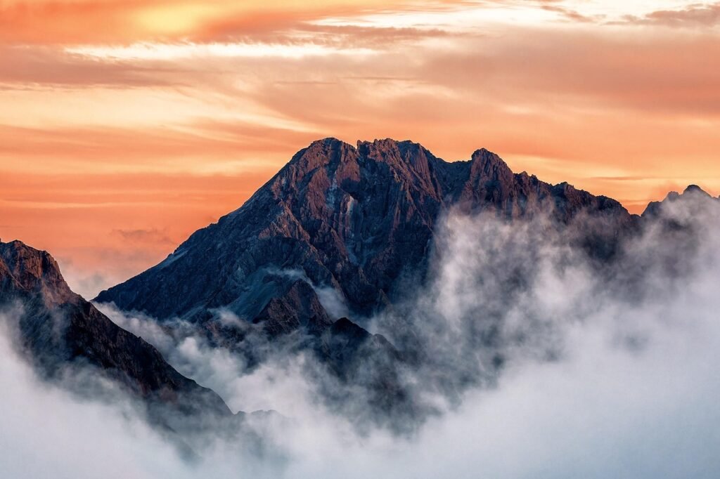 mountains, mt kitahotaka, sunset, landscape, evening, clouds, chubu mountain national park, nature, japan