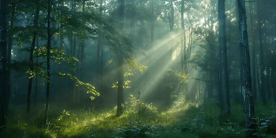 pngtree sunlight filters gently through a misty forest creating ethereal beams of image 17690657